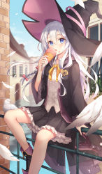 Rule 34 | 1girl, absurdres, bird, black footwear, black hat, black skirt, blue eyes, blue sky, boots, cloud, day, eating, elaina (majo no tabitabi), feathers, food, hair between eyes, hat, highres, holding, holding food, huge filesize, legs, long hair, long sleeves, looking at viewer, majo no tabitabi, outdoors, pleated skirt, sitting, skirt, sky, solo, ssalgolae, white hair, witch, witch hat