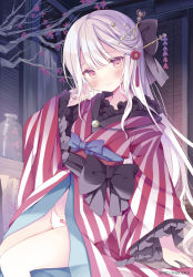 Rule 34 | 1girl, arm support, black bow, blue bow, blush, bow, branch, closed mouth, copyright name, flower, frilled kimono, frilled sleeves, frills, hair between eyes, hair ornament, hoshino koucha, indoors, japanese clothes, kimono, long hair, long sleeves, looking at viewer, melonbooks, panties, pink eyes, pink flower, red kimono, sash, sidelocks, sitting, smile, solo, striped clothes, striped kimono, swept bangs, tassel, two-tone kimono, underwear, very long hair, watermark, white hair, white kimono, white panties, wide sleeves