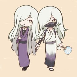 2boys akechi_mitsuhide_(sengoku_basara) akechimekaede chibi chibi_only dual_persona full_body green_eyes grey_haori hair_over_one_eye hand_fan haori highres holding holding_fan holding_hands japanese_clothes kimono light_brown_background long_hair looking_at_another male_focus mask mouth_mask multiple_boys paper_fan purple_kimono sengoku_basara simple_background smile tenkai_(sengoku_basara) uchiwa white_hair white_kimono