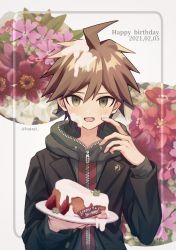 Rule 34 | 1boy, absurdres, ahoge, blush, brown eyes, brown hair, cake, commentary request, cream, cream on body, cream on face, danganronpa: trigger happy havoc, danganronpa (series), dated, floral print, flower, food, food on face, fruit, green eyes, hair between eyes, haizai, hand up, happy birthday, highres, holding, holding plate, hood, hood down, hoodie, jacket, long sleeves, looking at viewer, male focus, naegi makoto, open clothes, open mouth, plate, scratching cheek, short hair, smile, solo, spiked hair, striped, teeth, upper body, upper teeth only