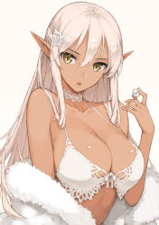 Rule 34 | 1girl, :o, bare shoulders, bra, breasts, choker, cleavage, coat, commentary request, dark-skinned female, dark elf, dark skin, elf, fur, fur coat, gem, hair ornament, holding, holding gem, holding pearl, lace, lace choker, large breasts, long hair, looking at viewer, morisawa haruyuki, open mouth, original, pearl (gemstone), pointy ears, shiny skin, simple background, solo, underwear, white background, white bra, white choker, white hair, yellow eyes