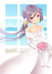 Rule 34 | 10s, 1girl, absurdres, akebono (kancolle), bad id, bad pixiv id, bare shoulders, bell, blue sky, blush, bouquet, bow, breasts, cleavage, cloud, cloudy sky, day, dress, elbow gloves, flower, gloves, hair bell, hair flower, hair ornament, highres, holding, holding bouquet, jingle bell, kantai collection, light smile, long hair, ocean, ponytail, purple hair, side ponytail, signature, sky, small breasts, solo, twitter username, very long hair, wedding dress, white bow, white dress, white gloves, window, yuu zaki