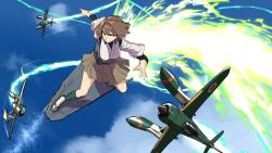 Rule 34 | 10s, 1girl, aircraft, airplane, blew andwhite, brown eyes, brown hair, cloud, contrail, day, eureka seven, eureka seven (series), flight deck, flying, highres, hyuuga (kancolle), japanese clothes, kantai collection, nontraditional miko, ocean, sandals, short hair, skirt, sky, sky surfing, skyboard, smile, undershirt