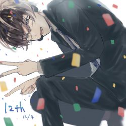 Rule 34 | 1boy, anniversary, black pants, black suit, blue necktie, brown hair, commentary, confetti, dated, formal, grey eyes, gureru (r grey1204), headset, highres, hiyama kiyoteru, index finger raised, leaning forward, looking at viewer, male focus, necktie, pants, shirt, sitting, solo, suit, v, vocaloid, white shirt