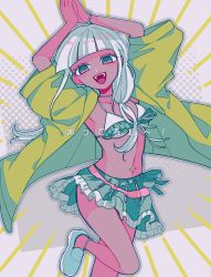Rule 34 | 1girl, arms up, bead bracelet, beads, bikini, bikini under clothes, bracelet, brown background, collarbone, danganronpa (series), danganronpa v3: killing harmony, dark-skinned female, dark skin, frilled skirt, frills, grey background, highres, jacket, jewelry, long hair, looking at viewer, navel, navel piercing, open mouth, own hands together, piercing, pisapipi, shoes, skirt, smile, stomach, swimsuit, teeth, twintails, two-sided fabric, upper teeth only, yonaga angie