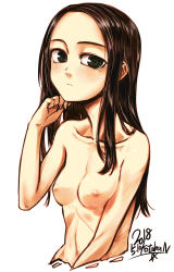 Rule 34 | 1girl, absurdres, black hair, blush, breasts, brown hair, closed mouth, dated, fingernails, forehead, green eyes, hand up, highres, kotoba noriaki, looking at viewer, mole, mole under eye, nipples, nude, original, ringed eyes, signature, simple background, small breasts, upper body, white background