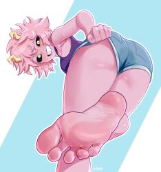 Rule 34 | 1girl, 2024, 20s, absurdres, armpits, artist name, ashido mina, ass, bare legs, barefoot, bent over, black sclera, boku no hero academia, clothes pull, colored sclera, commission, feet, female focus, foot focus, from behind, from below, gluteal fold, grin, highres, horns, leaning forward, looking at viewer, looking back, pink hair, pulled by self, purple shirt, shirt, short hair, short shorts, shorts, shorts pull, sleeveless, sleeveless shirt, smile, soles, solo, staerk, teeth, thighs, toes, yellow eyes
