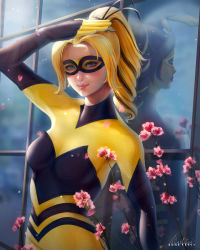 Rule 34 | 1girl, alartriss, bee costume, black bodysuit, black hair, black ribbon, blonde hair, blue eyes, bodysuit, branch, breasts, building, bust cup, bustier, cherry blossoms, chloe bourgeois, city, colored skin, costume, different reflection, domino mask, flower, hair ribbon, hair tie, hairband, hand on own head, hand up, highres, leaning back, mask, medibang paint (medium), miraculous ladybug, multicolored hair, parted bangs, petals, pink flower, pink lips, ponytail, portrait, queen bee (miraculous), queen bee (miraculous ladybug), realistic, red lips, reflection, ribbon, skyscraper, solo, streaked hair, superhero costume, tight clothes, yellow bodysuit, yellow skin