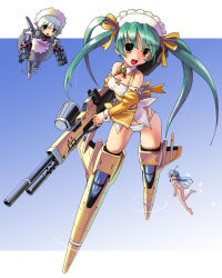 Rule 34 | 00s, 3girls, ass, barefoot, blue hair, fairy, green eyes, green hair, gun, katahira masashi, maid headdress, mini person, minigirl, multiple girls, no pants, nude, panties, pointy ears, raiden (series), raiden fighters, rifle, strike witches, striker unit, striped clothes, striped panties, twintails, underwear, weapon, wings, world witches series