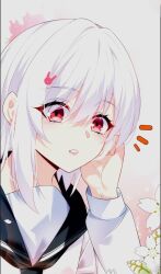 Rule 34 | 1girl, hand on own face, highres, i eat soft rice in another world, long hair, open mouth, pink background, rabbit ornament, red eyes, school uniform, shirt, surprised, white hair, white shirt, yuewa min
