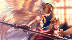 Rule 34 | 10s, 2girls, armor, axe, bad id, bad pixiv id, bare shoulders, blonde hair, blunt bangs, blurry, bow, braid, breastplate, breasts, brown hair, cape, closed eyes, collarbone, covered eyes, crown, depth of field, double bun, dress, earrings, eyelashes, feathered wings, floating hair, from side, gauntlets, granblue fantasy, hair bun, hair rings, helmet, highres, jewelry, juliet (granblue fantasy), kaina (tsubasakuronikuru), long hair, medium breasts, multiple girls, outstretched arm, own hands clasped, own hands together, parted lips, polearm, praying, profile, red cape, sleeveless, sleeveless dress, small breasts, very long hair, weapon, white dress, white wings, window, wings