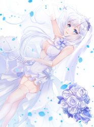 Rule 34 | 1girl, :d, armpits, azur lane, bare shoulders, blue eyes, blurry, bouquet, breasts, bridal veil, cleavage, commentary request, depth of field, dress, elbow gloves, flower, garter straps, gloves, highres, illustrious (azur lane), illustrious (morning star of love and hope) (azur lane), long hair, medium breasts, mole, mole under eye, myusha, open mouth, petals, rose, silver hair, simple background, smile, solo, standing, thighhighs, tiara, veil, very long hair, wedding dress, white background, white dress, white flower, white gloves, white rose, white thighhighs