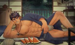 Rule 34 | 1boy, abs, architecture, armpits, bandaid, bandaid on face, bara, biceps, black hair, blue eyes, building, east asian architecture, f jun, fence, food, fruit, fundoshi, hand on own face, hand on own stomach, japanese clothes, jewelry, kimono, large pectorals, long sideburns, looking at viewer, lying, male focus, male underwear, manly, mature male, moon, muscular, muscular male, navel, navel hair, necklace, night, night sky, nipples, on side, original, pectorals, plate, room, sideburns, sky, smile, solo, spiked hair, spread legs, table, teapot, teeth, thick arms, thick eyebrows, tree, underwear, watermelon, watermelon slice, yukata