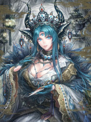 Rule 34 | 1girl, animal ears, bad id, bad pixiv id, blue eyes, blue hair, breasts, claws, cleavage, dagger, earrings, eyeball, feathers, hair ornament, horns, jewelry, knife, lantern, large breasts, long hair, looking at viewer, matching hair/eyes, monster girl, necklace, original, shinomaru, skull hair ornament, solo, third eye, urn, weapon