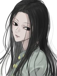 Rule 34 | 1boy, black eyes, black hair, expressionless, green jacket, highres, hunter x hunter, illumi zoldyck, jacket, long hair, male focus, nenene a2023, pin, simple background, solo, upper body, white background