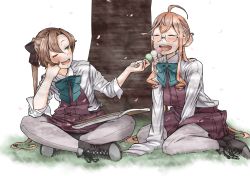 Rule 34 | 2girls, ahoge, akigumo (kancolle), blush, book, boots, bow, bowtie, brown hair, closed eyes, commentary request, cross-laced footwear, dango, double bun, feeding, food, full body, glasses, grass, green eyes, grey legwear, hair bun, hair ribbon, halterneck, hanami, hand on own face, highres, indian style, kantai collection, lace-up boots, long hair, long sleeves, makigumo (kancolle), multiple girls, open mouth, pantyhose, pink hair, pleated skirt, ponytail, ribbon, round teeth, sanshoku dango, school uniform, shirt, sidelocks, sitting, skirt, sleeves past fingers, sleeves past wrists, smile, tamaki., teeth, twintails, upper teeth only, wagashi, white shirt