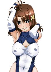 Rule 34 | blush, breasts, brown eyes, brown hair, cleavage, covered erect nipples, covered navel, highres, large breasts, leotard, looking at viewer, lyrical nanoha, mahou shoujo lyrical nanoha strikers, simple background, smile, solo, tappa (esperanza), white background, yagami hayate