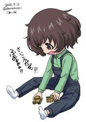 Rule 34 | 1girl, absurdres, aged down, akiyama yukari, brown eyes, brown hair, child, collared shirt, commentary, dated, full body, girls und panzer, green shirt, highres, holding, invisible chair, long sleeves, messy hair, one-hour drawing challenge, open mouth, overalls, playing, shiina excel, shirt, short hair, simple background, sitting, smile, socks, solo, toy tank, translated, twitter username, watermark, white background, white socks