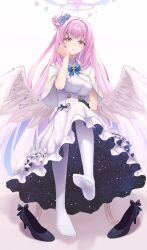 Rule 34 | 1girl, absurdres, angel wings, bag (chrko bag), black footwear, blue archive, breasts, capelet, dress, feet, flower, frilled dress, frilled ribbon, frills, hair bun, hair flower, hair ornament, hair ribbon, halo, hand on own chest, highres, large breasts, long hair, looking at viewer, low wings, mika (blue archive), no shoes, pantyhose, pink hair, ribbon, shoes, unworn shoes, single side bun, solo, underbust, very long hair, white background, white capelet, white dress, white pantyhose, white ribbon, white wings, wings, yellow eyes