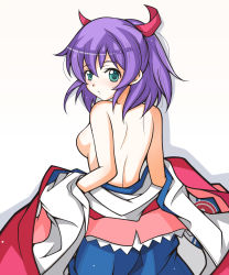 Rule 34 | 1girl, back, breasts, bunny1219, green eyes, highres, japanese clothes, kimono, looking back, purple hair, short hair, sideboob, sister quest, solo, stella (sister quest), undressing, white background