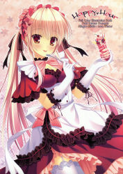 Rule 34 | 1girl, :p, absurdres, blonde hair, blush, breasts, buckle, cleavage, dress, food, garter belt, garter straps, gloves, hairband, highres, holding, holding food, lolita hairband, looking at viewer, maid, parfait, red eyes, smile, solo, standing, sweets, takano yuki (allegro mistic), tareme, thighhighs, tongue, tongue out, white gloves, white thighhighs, zettai ryouiki