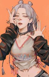 Rule 34 | 1girl, black choker, black shorts, blue nails, breasts, choker, collarbone, commentary, detached sleeves, double bun, green nails, grey hair, grey nails, grey tank top, hair behind ear, hair bun, hand on own face, highres, hoki11, itzy, jewelry, k-pop, medium breasts, midriff, multicolored nails, navel, orange background, parted bangs, purple nails, real life, red nails, ring, ryujin (itzy), shorts, solo, symbol-only commentary, tank top, torn clothes, torn tank top, upper body, yellow nails