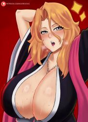 Rule 34 | 1girl, between breasts, black kimono, bleach, blue eyes, blush, breasts, chain, chain necklace, cleavage, female focus, huge breasts, japanese clothes, jewelry, kimono, koordovac, matsumoto rangiku, medium hair, mole, mole under mouth, necklace, orange hair, pink scarf, scarf, skindentation, solo, sweat, upper body
