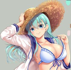 Rule 34 | 10s, 1girl, akizuki akina, alternate costume, alternate eye color, bikini, blue bikini, blue eyes, blush, breasts, collarbone, flower, front-tie bikini top, front-tie top, grey background, hair between eyes, hand on headwear, hat, kantai collection, large breasts, long sleeves, looking at viewer, open clothes, open shirt, school uniform, serafuku, shirt, sideboob, simple background, smile, solo, strap pull, straw hat, sun hat, sunflower, suzuya (kancolle), swimsuit, upper body, white shirt