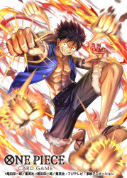 Rule 34 | 1boy, abs, black eyes, black hair, clenched hands, clenched teeth, commentary request, english text, full body, hat, hokuyuu, male focus, monkey d. luffy, official art, one piece, open clothes, short hair, smile, solo, straw hat, teeth, translation request, unworn hat, unworn headwear