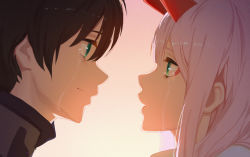 Rule 34 | 10s, 1boy, 1girl, ashi931225, black hair, blue eyes, couple, crying, crying with eyes open, darling in the franxx, face-to-face, green eyes, highres, hiro (darling in the franxx), horns, looking at another, pink hair, tears, zero two (darling in the franxx)
