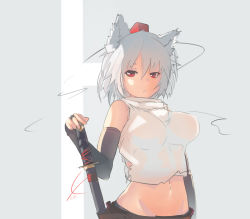 Rule 34 | 1girl, animal ears, black gloves, breasts, collarbone, dappled sunlight, detached sleeves, ehrrr, elbow gloves, fingerless gloves, gloves, grey background, hat, highres, inubashiri momiji, katana, looking at viewer, midriff, navel, parted lips, red eyes, sheath, sheathed, short hair, signature, simple background, solo, sunlight, sword, tokin hat, touhou, turtleneck, weapon, white hair, wolf ears