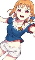 Rule 34 | 1girl, :d, ahoge, anchor, blue shirt, bow, collarbone, dutch angle, hair bow, hair ornament, love live!, love live! school idol festival, love live! sunshine!!, midriff, navel, off-shoulder shirt, off shoulder, open fly, open mouth, orange hair, outstretched arms, red eyes, red tank top, round teeth, shirt, shorts, smile, solo, spaghetti strap, star (symbol), star hair ornament, takami chika, tank top, teeth, upper body, waste-man, white background, white shorts