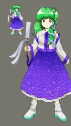 Rule 34 | 1girl, bare shoulders, blue skirt, boots, closed mouth, derivative work, detached sleeves, frog hair ornament, full body, gohei, green eyes, green hair, grey background, hair ornament, himuhino, holding, japanese clothes, kochiya sanae, long hair, mountain of faith, multiple views, nontraditional miko, simple background, skirt, snake hair ornament, touhou, white footwear, white sleeves, wide sleeves, zun (artist), zun (style)