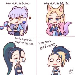 Rule 34 | 4girls, 4koma, ahri (league of legends), akali, animal ears, black hair, blonde hair, blue eyes, blue jacket, breasts, butter spoon, chibi, claws, closed eyes, comic, commentary, crying, crystal tail, earrings, english commentary, english text, evelynn (league of legends), facial mark, female focus, fox ears, fox girl, green hair, high ponytail, jacket, jewelry, k/da (league of legends), kai&#039;sa, league of legends, medium breasts, meme, midriff, multicolored hair, multiple girls, navel, o o, off shoulder, orange eyes, pink hair, purple hair, signature, simple background, slit pupils, sparkle, streaming tears, tail, tears, the baddest ahri, the baddest akali, the baddest evelynn, the baddest kai&#039;sa, two-tone hair, watermark, whisker markings, white background, you guys are getting paid? (meme)