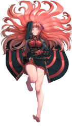 Rule 34 | 1girl, arknights, bagpipe (arknights), bagpipe (royal) (arknights), bare legs, barefoot, black coat, black skirt, blush, breasts, coat, collared shirt, commentary request, dragon girl, dragon horns, feet, full body, gloves, hair spread out, hand on own stomach, hand up, highres, horns, knee up, large breasts, legs, long hair, looking at viewer, looking up, lying, multicolored coat, on back, parted lips, purple eyes, red coat, red gloves, red hair, red shirt, red skirt, shirt, signature, simple background, skirt, soles, solo, toes, two-tone coat, white background, yamauchi (conan-comy)