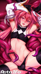Rule 34 | 1boy, aino chuan daoshi, armpits, arms up, astolfo (fate), astolfo (saber) (fate), bar censor, black gloves, black panties, black thighhighs, blush, bow, bowtie, censored, character name, covered erect nipples, crop top, detached sleeves, erection, fate/grand order, fate (series), gloves, groin, hair between eyes, highres, lips, long hair, male focus, navel, open mouth, panties, penis, penis in panties, pink hair, precum, purple eyes, solo, spread legs, tentaclejob, tentacles, tentacles on male, thighhighs, trap, underwear