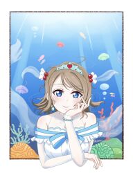Rule 34 | 1girl, aziazi014, bare shoulders, blush, breasts, brown hair, commentary request, coral, fish, hair ornament, heart, highres, jellyfish, love live!, love live! sunshine!!, medium breasts, short hair, solo, tiara, watanabe you, water