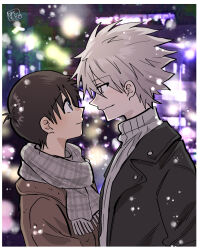 Rule 34 | 2boys, absurdres, ahoge, artist name, black jacket, blue eyes, blush, border, brown hair, brown jacket, city lights, closed mouth, commentary, grey hair, grey scarf, grey sweater, hashimo99187365, height difference, highres, ikari shinji, jacket, looking at another, male focus, multiple boys, nagisa kaworu, neon genesis evangelion, red eyes, ribbed sweater, scarf, short hair, smile, snowing, sweater, turtleneck, turtleneck sweater, upper body, white border, yaoi