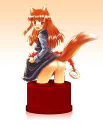 Rule 34 | 00s, 1girl, animal ears, apple, ass, bad id, bad pixiv id, brown hair, clothes lift, fang, food, fruit, holding, holding food, holding fruit, holo, long hair, no panties, pixiv bottlecap, red eyes, skirt, skirt lift, solo, spice and wolf, tail, tooyama hirohito, wolf ears, wolf tail