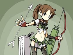 Rule 34 | 1girl, alternate hairstyle, arrow (projectile), bow (weapon), brown hair, commentary, cosplay, fingerless gloves, gloves, kantai collection, katsuragi (kancolle) (cosplay), katsuragi (kancolle), midriff, outstretched arm, ponytail, ryuujou (kancolle), sixten, solo, thighhighs, weapon