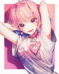 Rule 34 | 1girl, :d, ahoge, arms behind head, artist request, blue hair, collar, fang, highres, idolmaster, idolmaster cinderella girls, looking at viewer, multicolored hair, open mouth, outside border, pink background, pink hair, red eyes, shirt, short hair, short sleeves, smile, solo, t-shirt, two-tone hair, upper body, ye jji, yumemi riamu