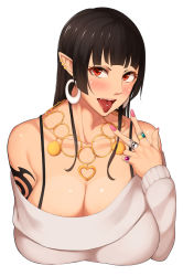 Rule 34 | 1girl, bad id, bad pixiv id, bare shoulders, black hair, blush, bra, breasts, character request, cleavage, earrings, fangs, fingernails, highres, huge breasts, jewelry, kate (alice catharsis), large breasts, lips, long hair, looking at viewer, lots of jewelry, nail polish, necklace, open mouth, original, piercing, pink nails, pointy ears, red eyes, ring, solo, tattoo, tongue, tongue out, tongue piercing, underwear, v