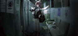 Rule 34 | 1girl, absurdres, angel, angel wings, arknights, bag, black footwear, black jacket, black shorts, boots, box, cardboard box, collared shirt, commentary, detached wings, energy wings, exusiai (arknights), exusiai (midnight delivery) (arknights), full body, gun, hair between eyes, halo, highres, holding, holding gun, holding weapon, igawa hikaru, jacket, kriss vector, licking lips, light particles, locker, locker room, long sleeves, looking at viewer, microphone, no smoking, off shoulder, official alternate costume, open clothes, open jacket, penguin logistics logo, red hair, shirt, short hair, shorts, shoulder bag, single bare shoulder, sleeveless, sleeveless shirt, solo, submachine gun, thigh strap, tongue, tongue out, videocassette, weapon, white shirt, wings, yellow eyes