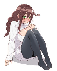 Rule 34 | 10s, 1girl, blush, braid, breasts, brown hair, cleavage, cleavage cutout, clothing cutout, green eyes, hanauna, kantai collection, large breasts, hugging own legs, long hair, meme attire, noshiro (kancolle), open-chest sweater, pantyhose, ribbed sweater, single braid, sitting, solo, sweater, turtleneck