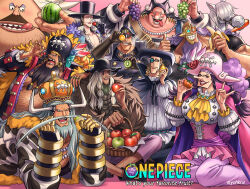 Rule 34 | 1girl, 6+boys, animal, apple, avalo pizarro, banana, basket, beard, belly, black hair, blonde hair, blouse, cape, carrot, catarina devon, cherry, cigar, closed mouth, coat, collared cape, colored skin, copyright name, crown, dark-skinned male, dark skin, doc q, facial hair, fat, fat man, flower, food, fruit, gauntlets, gem, giant, giant male, grapes, grey hair, grin, hand up, hands up, hat, head rest, high collar, highres, holding, holding food, holding fruit, horns, horse, jesus burgess, jewelry, kiwi (fruit), lafitte, lemon, light smile, lipstick, long hair, long nose, long sleeves, looking at viewer, lying, makeup, marshall d. teach, mask, missing tooth, multiple boys, mustache, neck piercing, necklace, obese, on stomach, one piece, open clothes, open coat, open mouth, orange (fruit), pants, pearl (gemstone), pearl necklace, pectorals, piercing, pirate, pirate hat, purple hair, red flower, red rose, red skin, ring, rose, sanjuan wolf, shirt, shiryuu (one piece), sitting, size difference, skull and crossbones, smile, smoke, smoking, strawberry, stronger (one piece), tan, thumbs up, tongue, tongue out, top hat, twitter username, v-shaped eyebrows, van augur, vasco shot, very long hair, watermelon, youkan (tako)