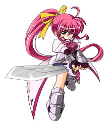 Rule 34 | 00s, 1girl, armor, armored boots, boots, dress, green eyes, hair ribbon, holding, holding sword, holding weapon, juliet sleeves, kei (fortune), knee boots, laevatein (nanoha), long hair, long sleeves, looking at viewer, lyrical nanoha, mahou shoujo lyrical nanoha, mahou shoujo lyrical nanoha a&#039;s, pink hair, ponytail, puffy sleeves, ribbon, signum, solo, sword, unsheathed, very long hair, weapon, white dress