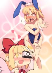 Rule 34 | 2girls, alternate costume, angel wings, angry, animal ears, blonde hair, blush, bow, bowtie, breasts, camera, chibi, cleavage, collarbone, collared dress, commentary request, constricted pupils, covering privates, covering breasts, covering crotch, dress, embarrassed, fake animal ears, feathered wings, female pervert, gengetsu (touhou), hair bow, holding, holding camera, juliet sleeves, kaiza (rider000), leotard, long sleeves, maid headdress, medium breasts, mugetsu (touhou), multiple girls, nose blush, open mouth, pervert, pink dress, playboy bunny, puffy sleeves, rabbit ears, red bow, red bowtie, short hair, shouting, siblings, sisters, sparkling eyes, strapless, strapless leotard, sweatdrop, taking picture, thumbs up, touhou, touhou (pc-98), v-shaped eyebrows, white wings, wings, wrist cuffs, yellow eyes