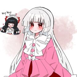 &gt;:( 2girls :d black_hair blunt_bangs blunt_ends blush blush_stickers bow bowtie closed_eyes collared_shirt commentary_request cosplay costume_switch english_text frilled_shirt_collar frills fujiwara_no_mokou fujiwara_no_mokou_(cosplay) hair_bow highres hime_cut houraisan_kaguya houraisan_kaguya_(cosplay) koharu66353343 long_hair long_sleeves looking_at_viewer multiple_girls open_mouth pink_shirt shirt smile thumbs_up touhou upper_body v-shaped_eyebrows very_long_hair white_bow white_bowtie white_hair white_shirt