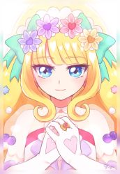Rule 34 | 1girl, backlighting, blonde hair, blue eyes, bow, closed mouth, cure finale, cure finale (party up style), delicious party precure, earrings, flower, gloves, green bow, hair bow, hair flower, hair ornament, highres, jewelry, kasai amane, long hair, looking at viewer, magical girl, precure, purple bow, ring, see-through, simple background, smile, solo, upper body, white background, white gloves, yuge (tayugenari)
