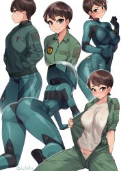 Rule 34 | 1girl, all fours, artist name, ass, bodysuit, breasts, brown hair, commentary, covered erect nipples, english commentary, frown, green eyes, hands in pockets, helmet, highres, hisone to masotan, hoshino eri, iwbitu, jacket, jumpsuit, large breasts, looking at viewer, looking away, multiple views, open jumpsuit, pilot suit, shirt, short hair, simple background, smile, sweatdrop, twitter username, white background, white shirt